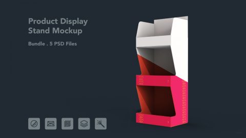 Product Display Stand Mockup – 5 PSD Files, Retail Shelf Packaging Mockup