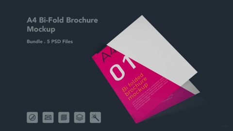 A4 Bi-Fold Brochure Mockup – 5 PSD Files, Folded Flyer & Print Branding Mockup