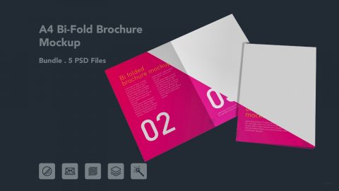 A4 Bi-Fold Brochure Mockup – 5 PSD Bundle Files, Folded Flyer & Print Branding Mockup