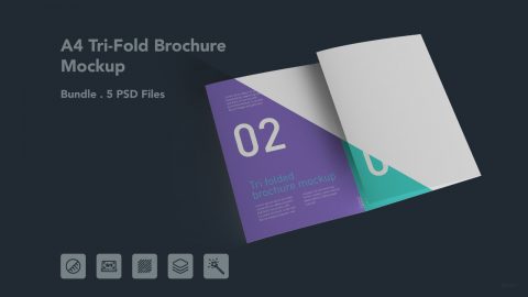 A4 Tri Fold Brochure Mockup – 5 PSD Files, 3 Folded Flyer & Print Branding Mockup