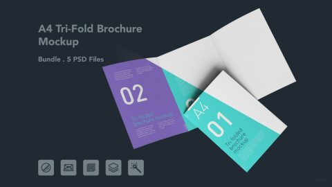 A4 Tri Fold Brochure PSD Mockup – 5 PSD Files, 3 Folded Flyer & Print Branding Mockup