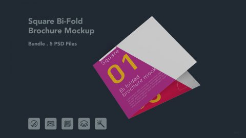 Square Bi-Fold Brochure Mockup – 5 PSD Files, Folded Flyer & Print Branding Mockup