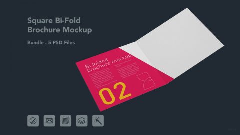 Square Bi-Fold Brochure PSD Mockup – 5 PSD Files, Folded Flyer & Print Branding Mockup
