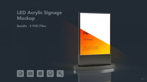 LED Acrylic Signage Mockup – 5 PSD Files, Illuminated Display Stand & Lightbox Branding Mockup