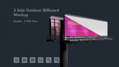 2-Sided Outdoor Billboard Mockup – 6 PSD Files, Double-Sided Advertising Display Mockup