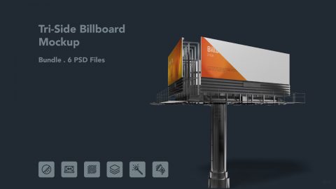 Tri Side Billboard Mockup – 3 Sided Outdoor Advertising Display, 6 PSD Files
