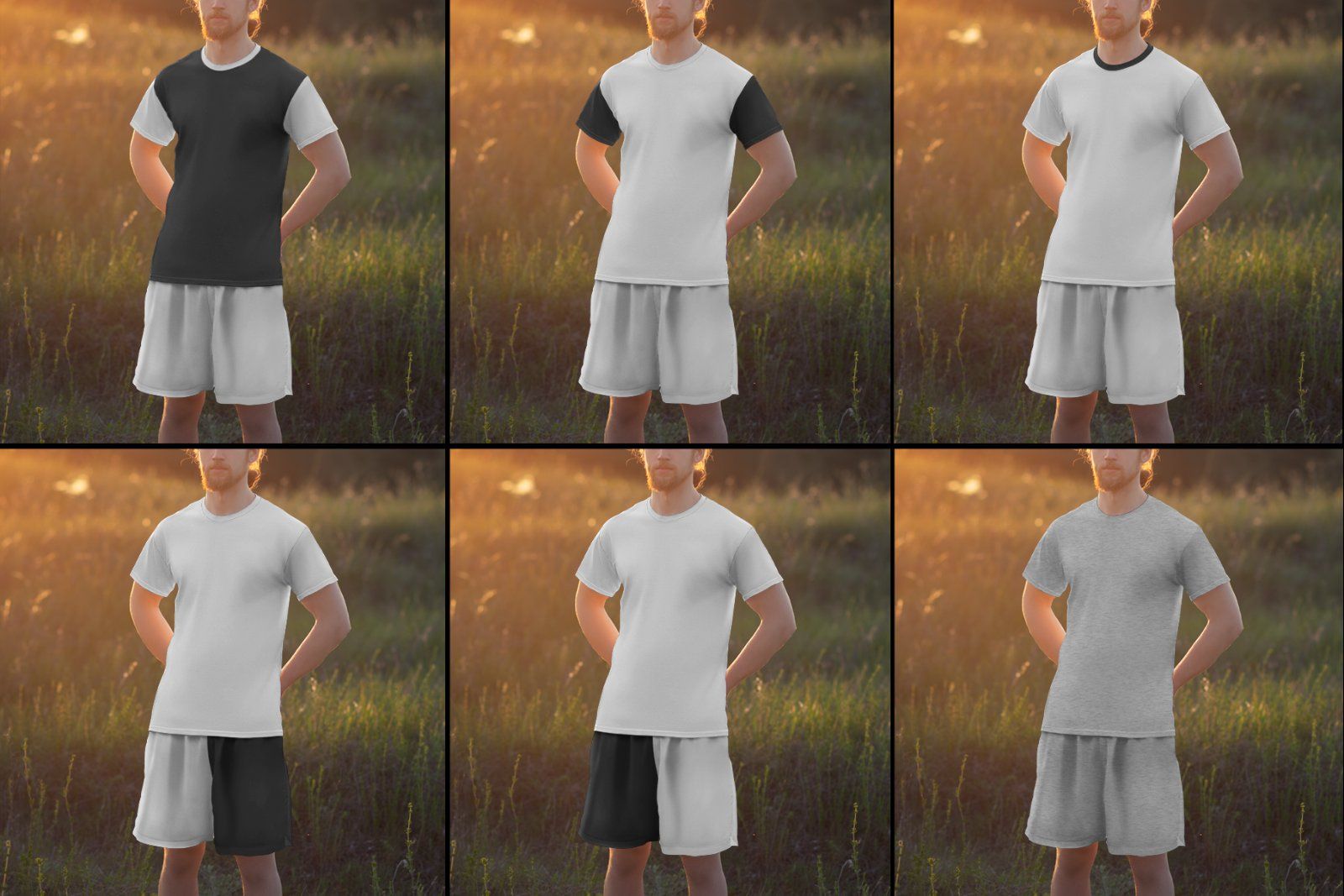 7 Mockups of Men's T-Shirt and Shorts Outdoors at Dawn — image 2