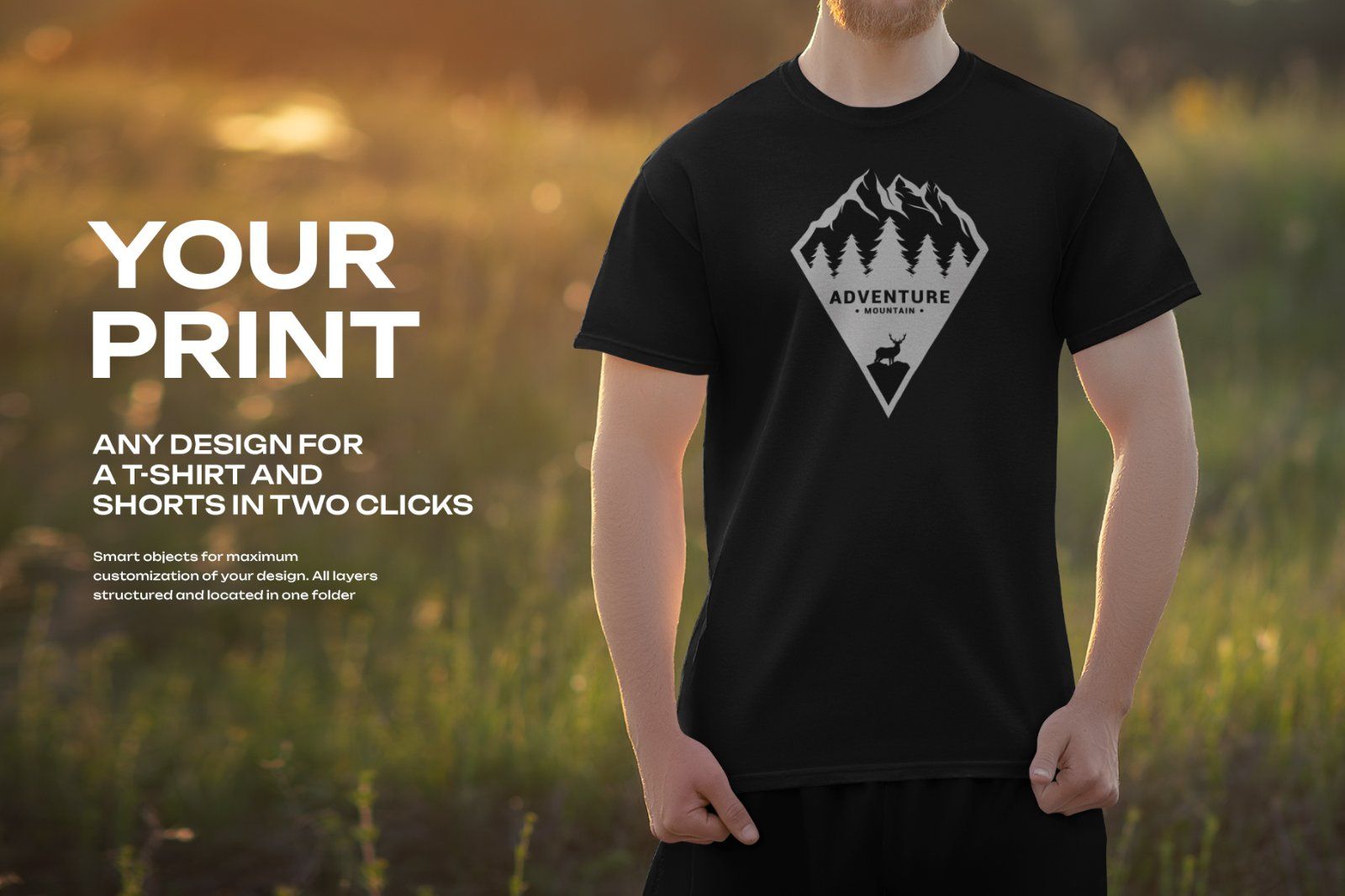 7 Mockups of Men's T-Shirt and Shorts Outdoors at Dawn — image 3