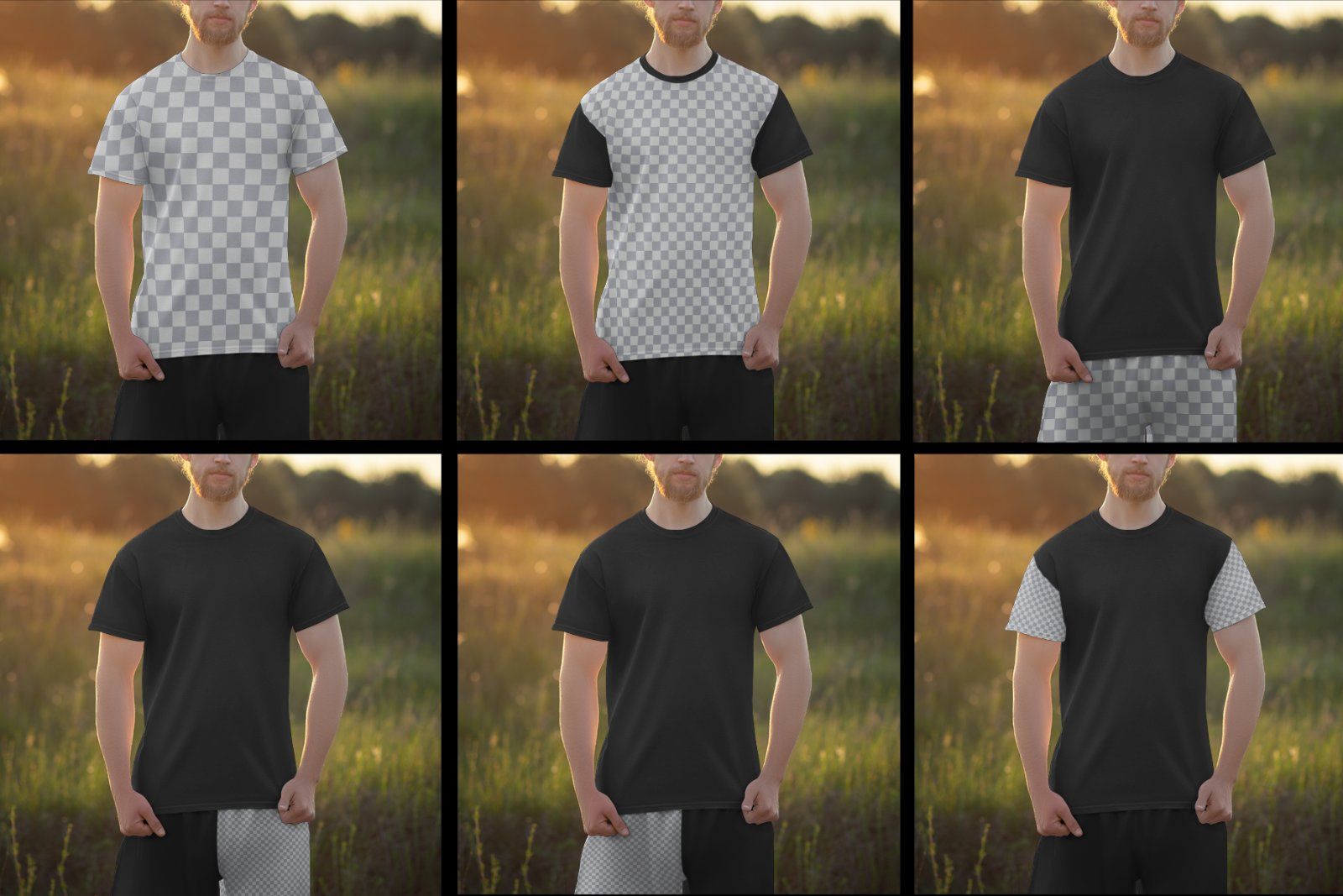 7 Mockups of Men's T-Shirt and Shorts Outdoors at Dawn — image 4
