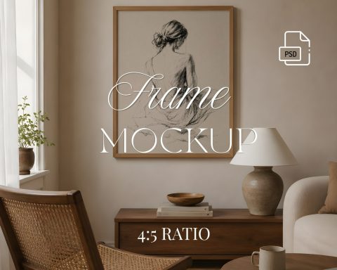 4x5 Frame Mockup, Modern Interior, Thin Oak Wooden Frame Mockup PSD, Editable Smart Object,