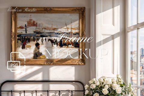 Gold ornate horizontal frame mockup