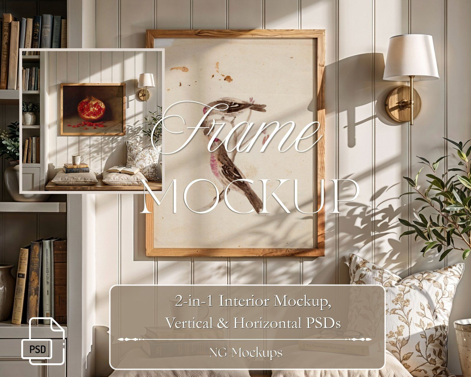 Set of 2 PSD files frame mockup, 5x4 ratio mockup, 4:5 Ratio portrait frame mockup, reading nook dec — image 1