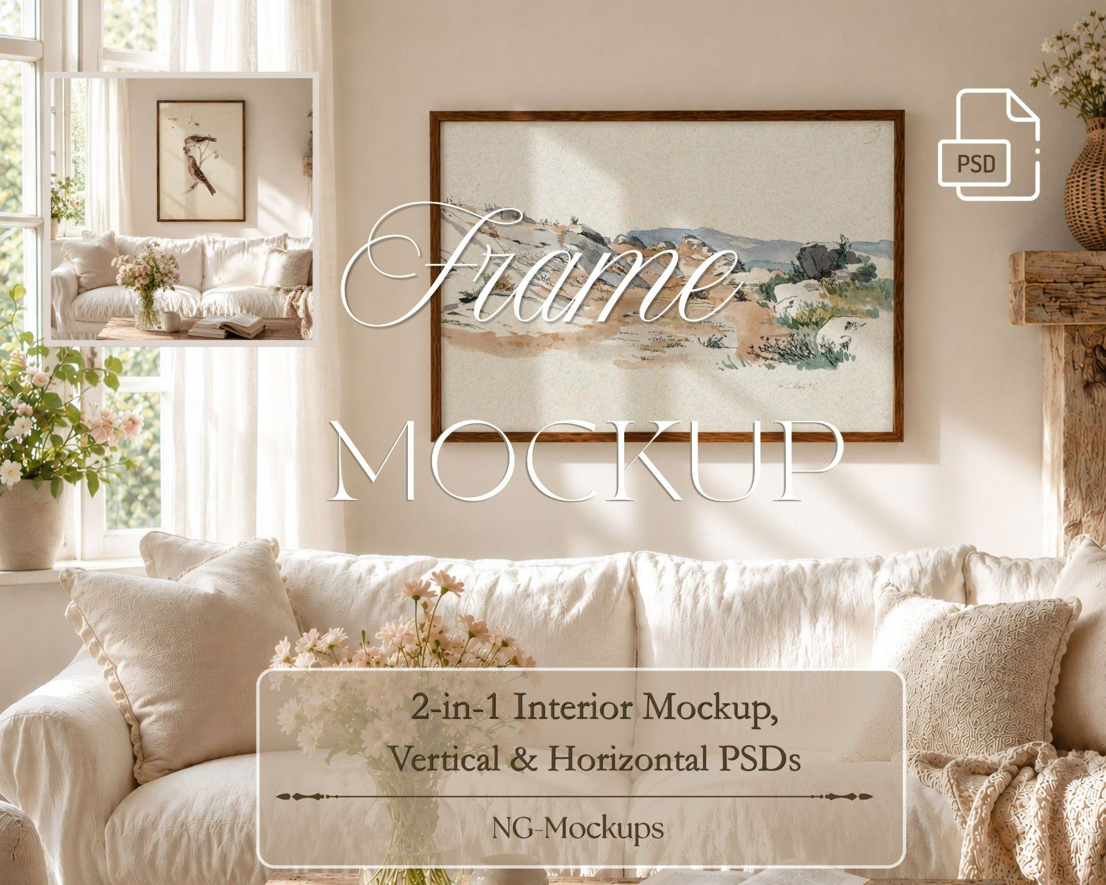 Boho Frame Mockup Bundle,3:4 Vertical Wood Frame & 3:2 Horizontal Thin Wood Frame — image 1