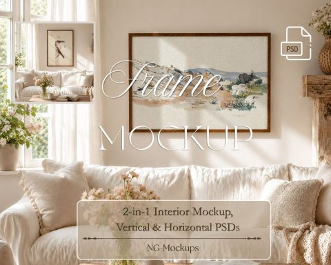 Boho Frame Mockup Bundle,3:4 Vertical Wood Frame & 3:2 Horizontal Thin Wood Frame