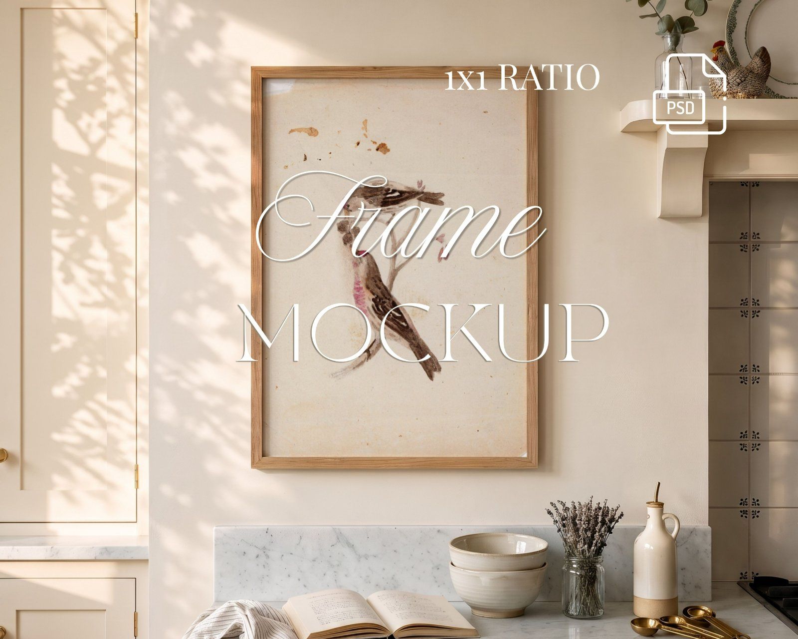 Vertical Frame Mockup, 2:3 Oak Wood Frame in Kitchen Interior, — image 1