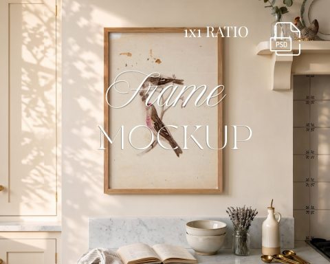 Vertical Frame Mockup, 2:3 Oak Wood Frame in Kitchen Interior,