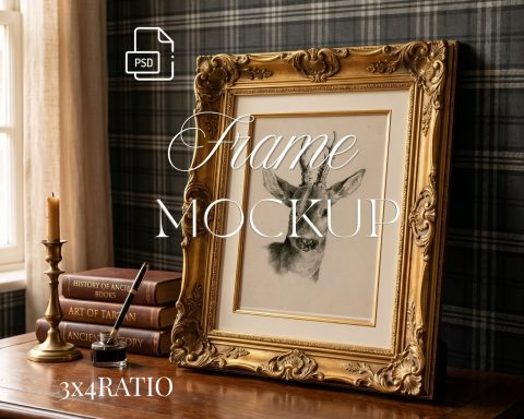 3:4 Gold Ornate Frame Mockup PSD, Vintage Antique Picture Frame Mockup, Editable Smart Object,