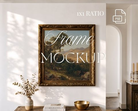 1:1 Square Frame Mockup, gold ornate frame on the wall in Farmhouse Interior,