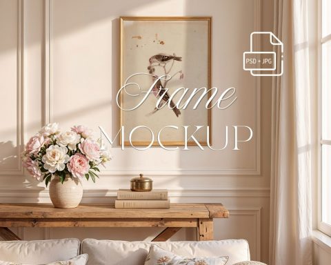 light wood frame in French interior, Vertical Art Display 3x4 ratio, editable PSD file,