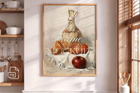 rustic wooden frame 3:4 Ratio PSD Mockup, Vertical Wood Frame PSD Realistic Shadows,