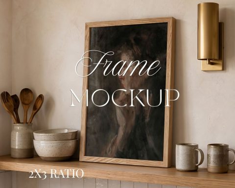 2X3 Frame Mockup, Thin Oak Frame Mockup on the kitchen shelf, Realistic PSD Template