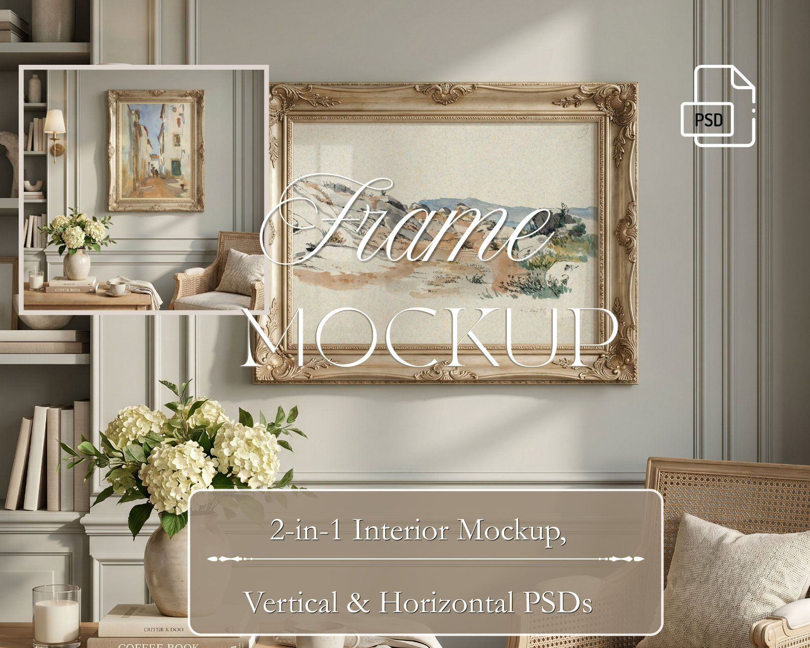 vintage gold frame mockup set, portrait frame 3x4 ratio and horizontal frame 4x3 ratio, photoshop an — image 1
