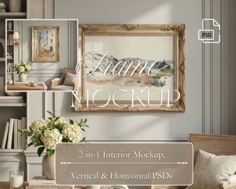 vintage gold frame mockup set, portrait frame 3x4 ratio and horizontal frame 4x3 ratio, photoshop an