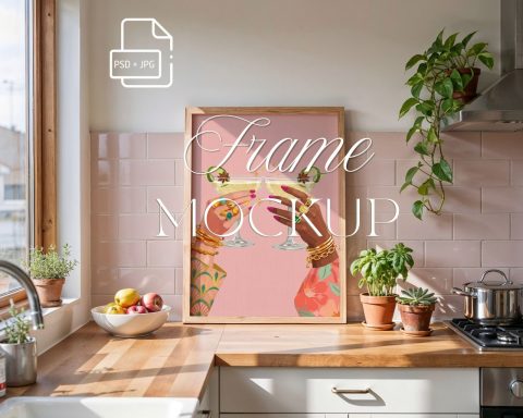 Kitchen Frame Mockup, Vertical 3x4 Ratio Frame on Wooden kitchen Counter mockup,