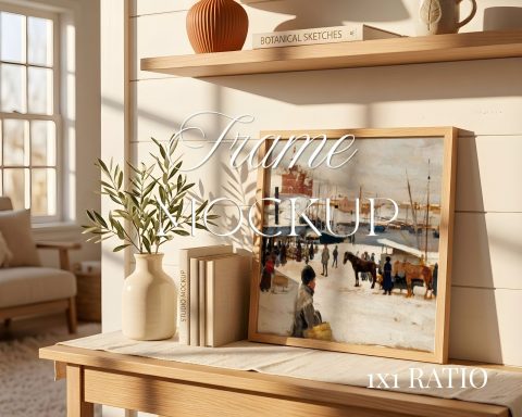 Square Frame Mockup, Thin Oak Frame in Farmhouse Interior, Leaning on the wall frame