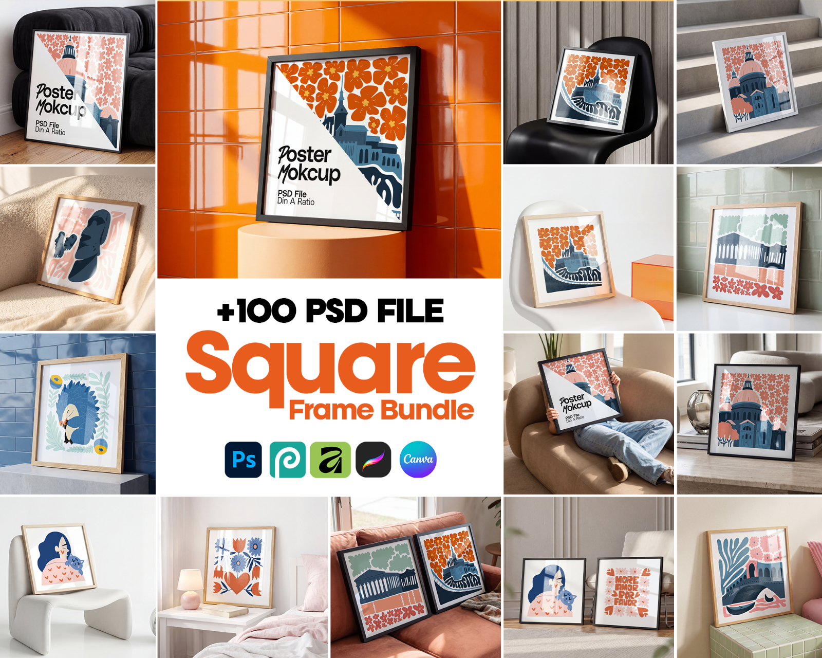 100 Square Frame Poster Mockups Bundle, PSD Smart Object Template — image 1
