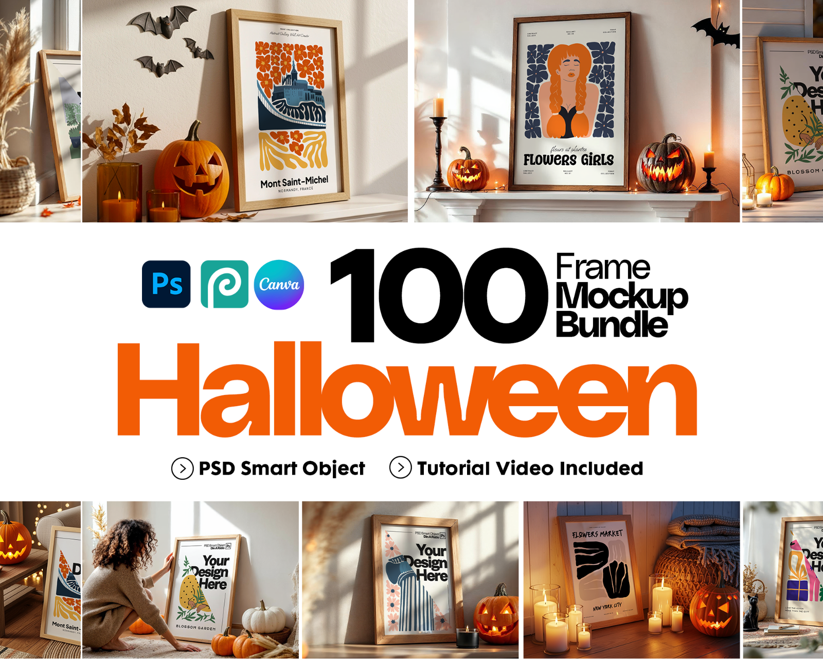 Halloween Frame Mockup Bundle: Rustic Autumn Wall Art Display (100 PSD Files) — image 1