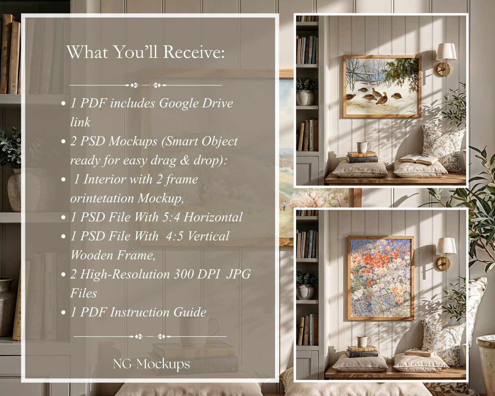 Set of 2 PSD files frame mockup, 5x4 ratio mockup, 4:5 Ratio portrait frame mockup, reading nook dec — image 2