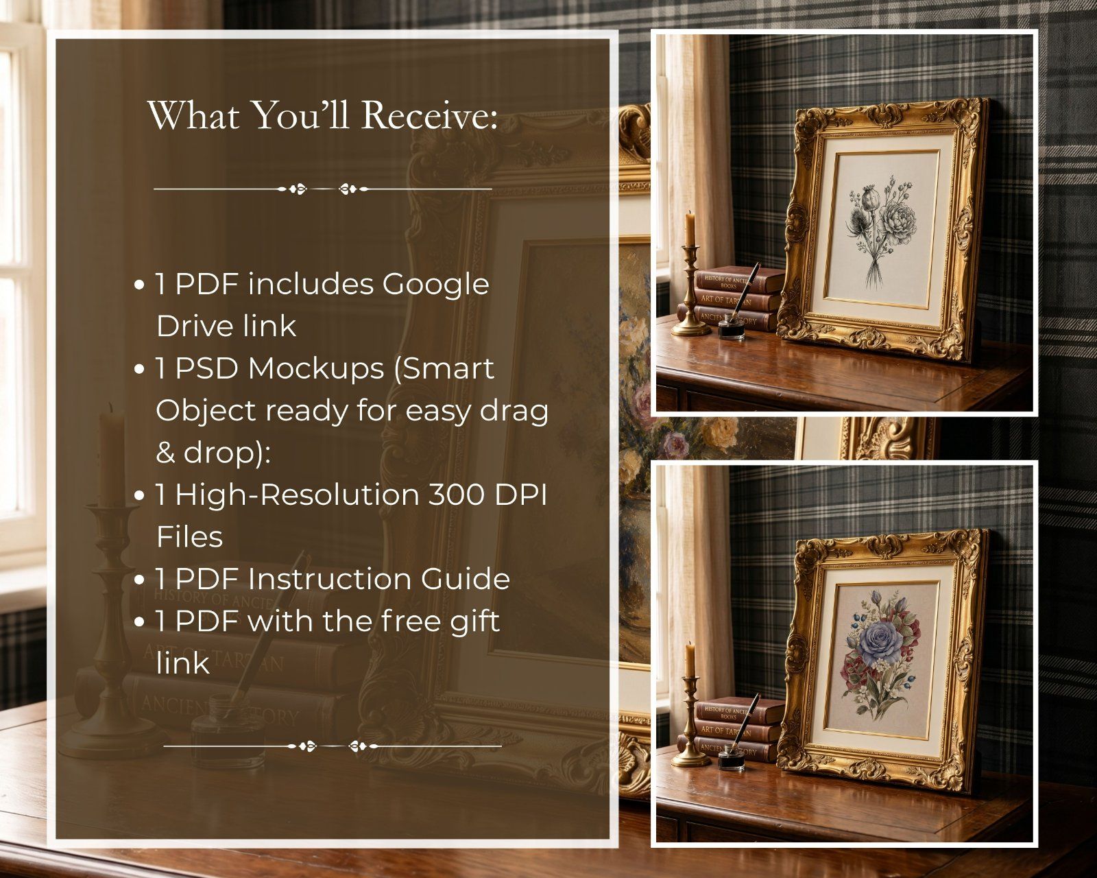 3:4 Gold Ornate Frame Mockup PSD, Vintage Antique Picture Frame Mockup, Editable Smart Object, — image 3