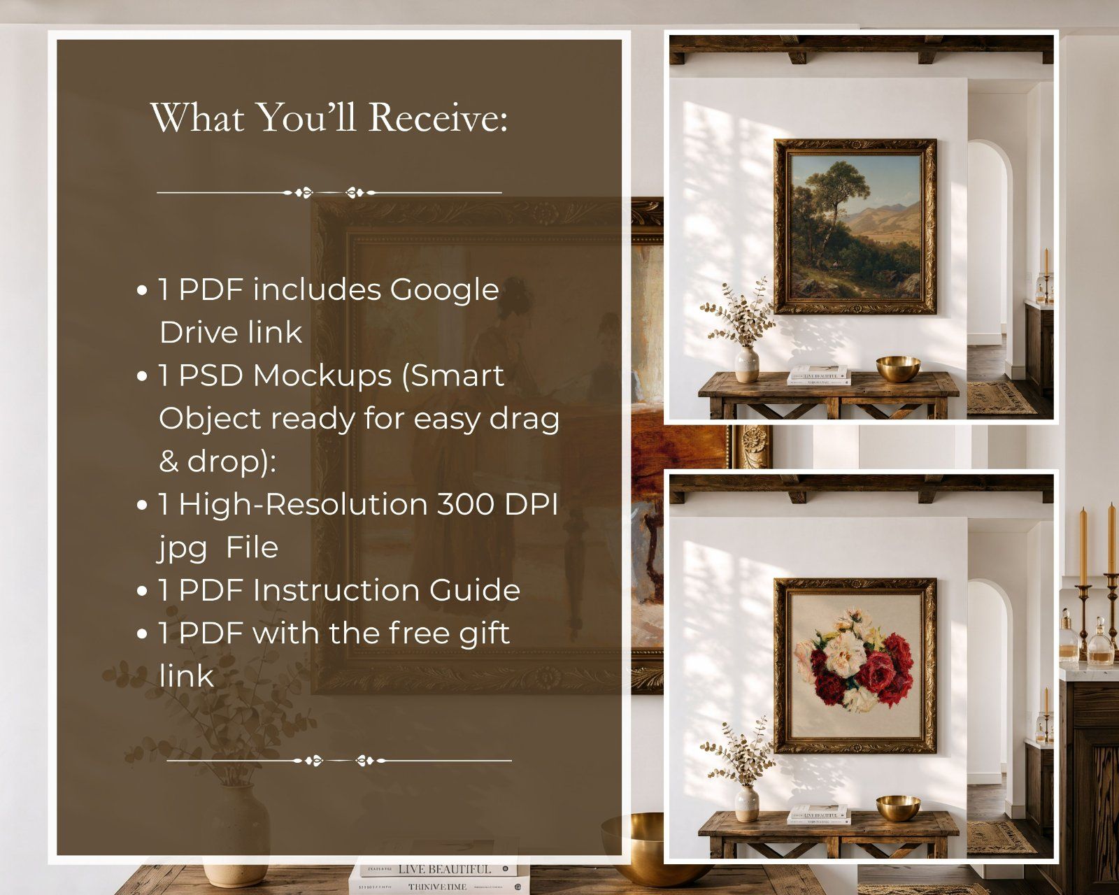 1:1 Square Frame Mockup, gold ornate frame on the wall in Farmhouse Interior, — image 2