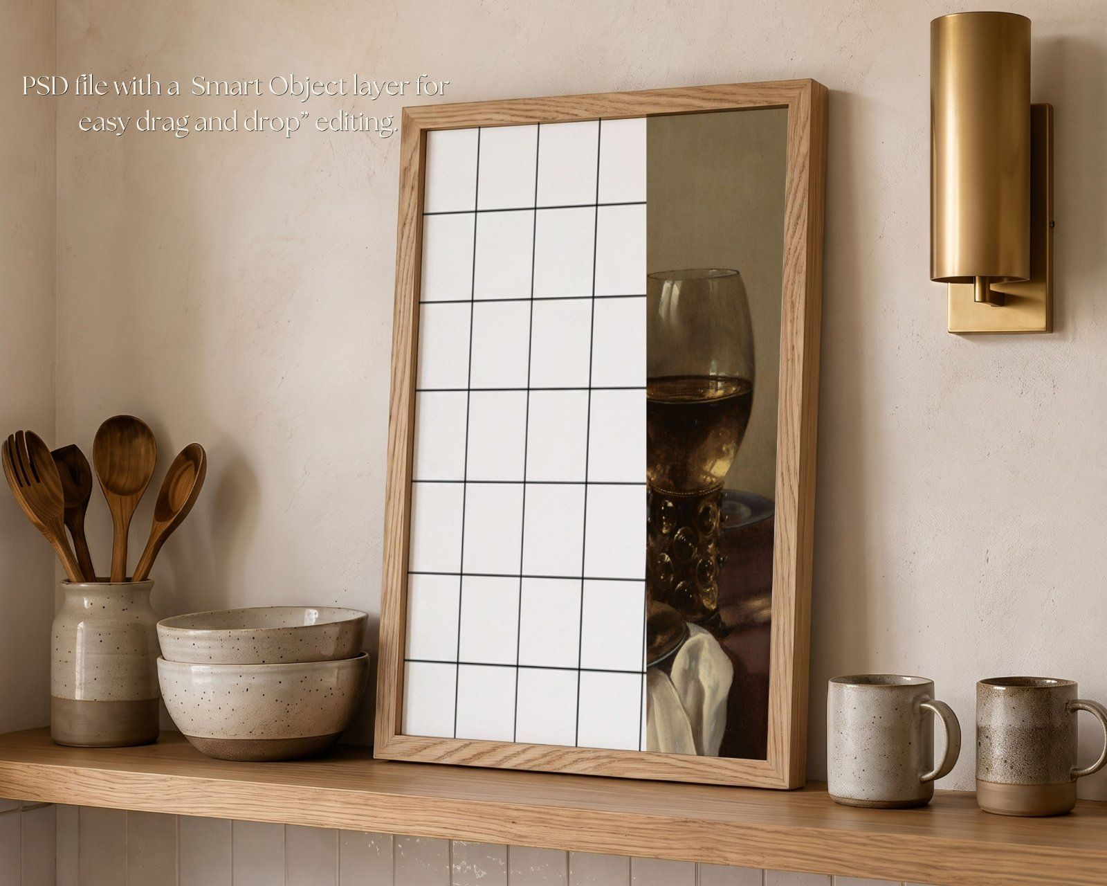 2X3 Frame Mockup, Thin Oak Frame Mockup on the kitchen shelf, Realistic PSD Template — image 3