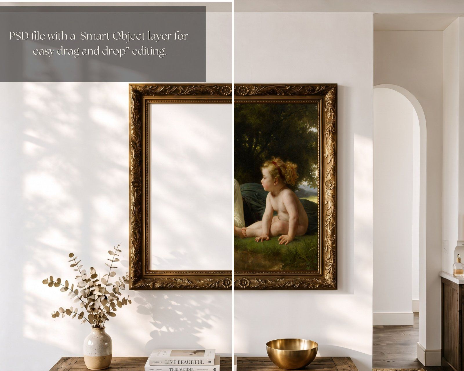 1:1 Square Frame Mockup, gold ornate frame on the wall in Farmhouse Interior, — image 3