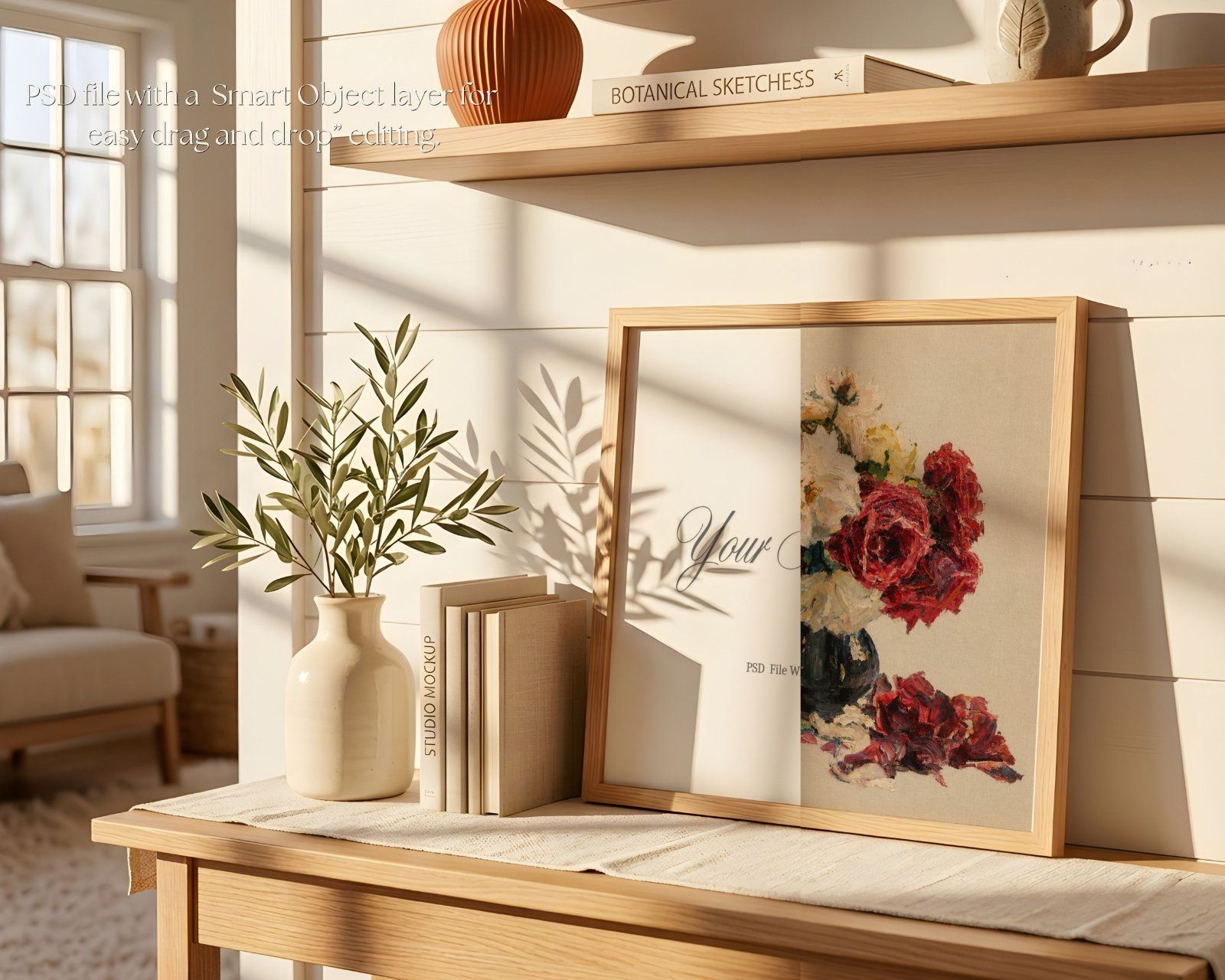 Square Frame Mockup, Thin Oak Frame in Farmhouse Interior, Leaning on the wall frame — image 3