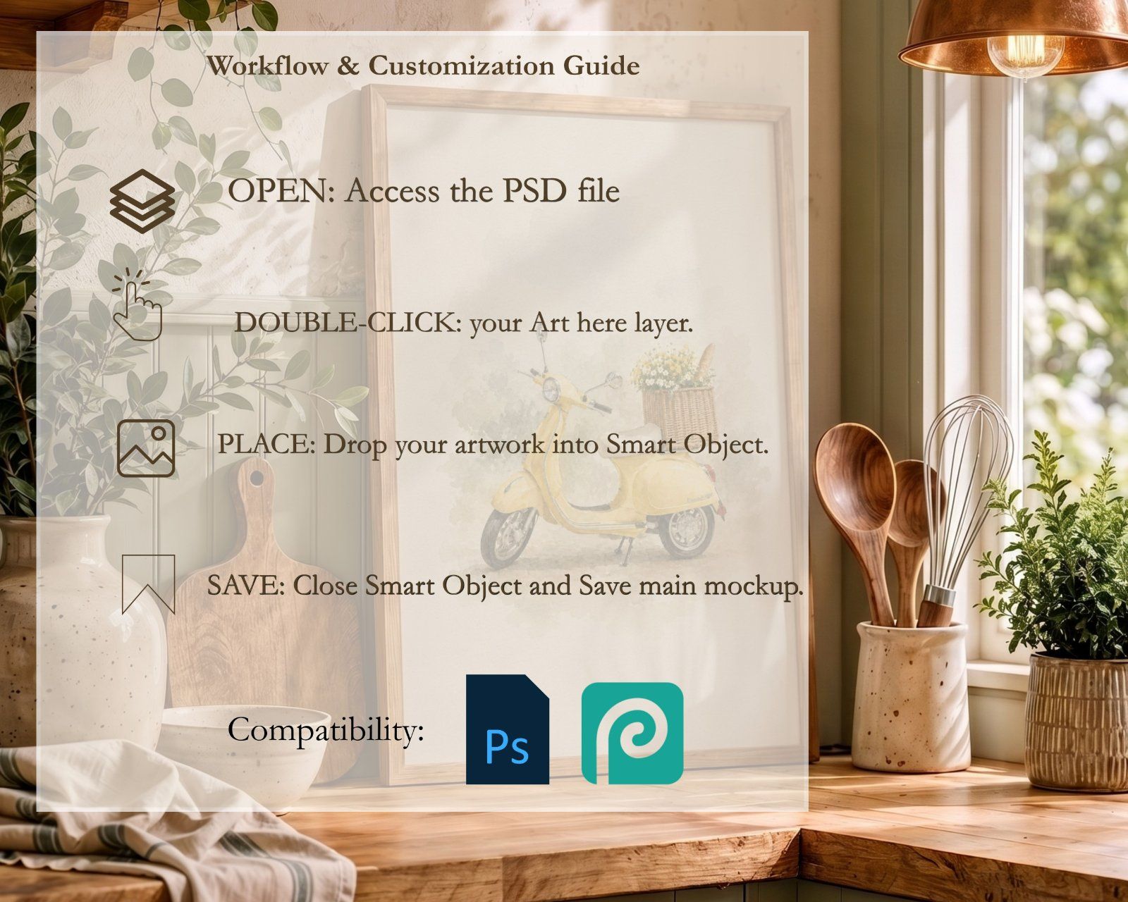 country cottage kitchen 3x4 ratio frame mockup, wooden frame on the counter mockup, — image 5
