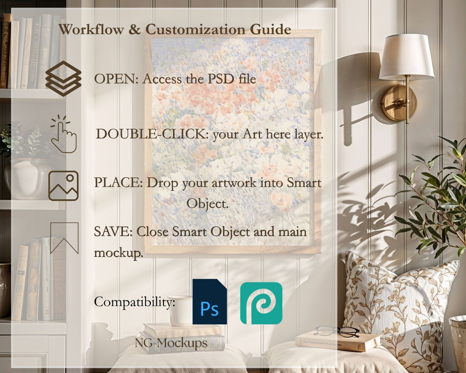 Set of 2 PSD files frame mockup, 5x4 ratio mockup, 4:5 Ratio portrait frame mockup, reading nook dec — image 5