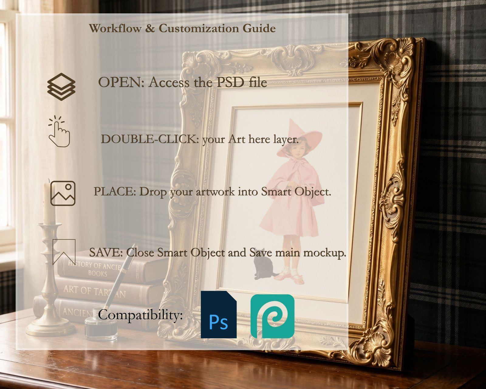 3:4 Gold Ornate Frame Mockup PSD, Vintage Antique Picture Frame Mockup, Editable Smart Object, — image 4