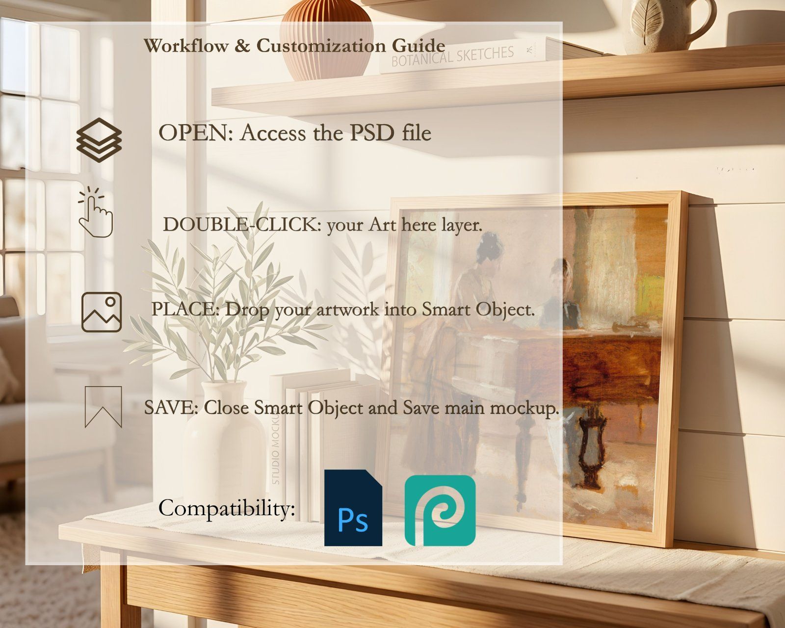 Square Frame Mockup, Thin Oak Frame in Farmhouse Interior, Leaning on the wall frame — image 5