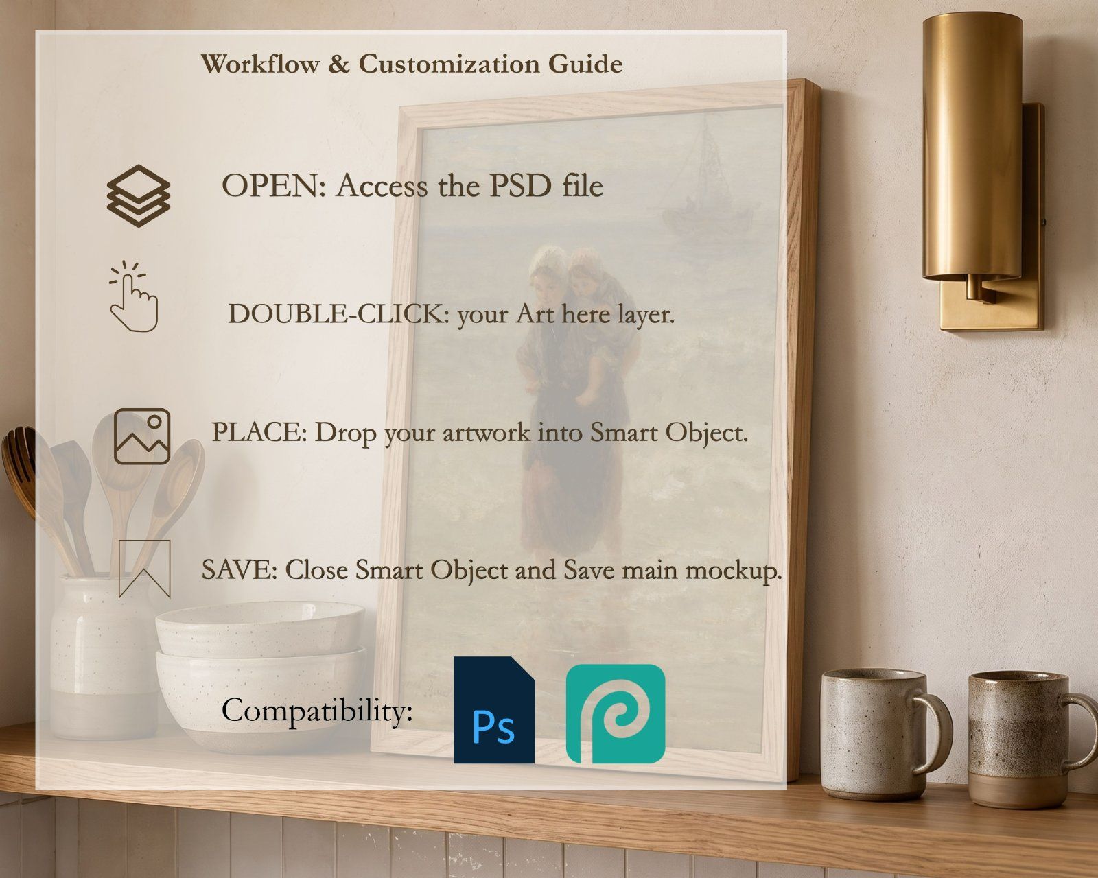 2X3 Frame Mockup, Thin Oak Frame Mockup on the kitchen shelf, Realistic PSD Template — image 5