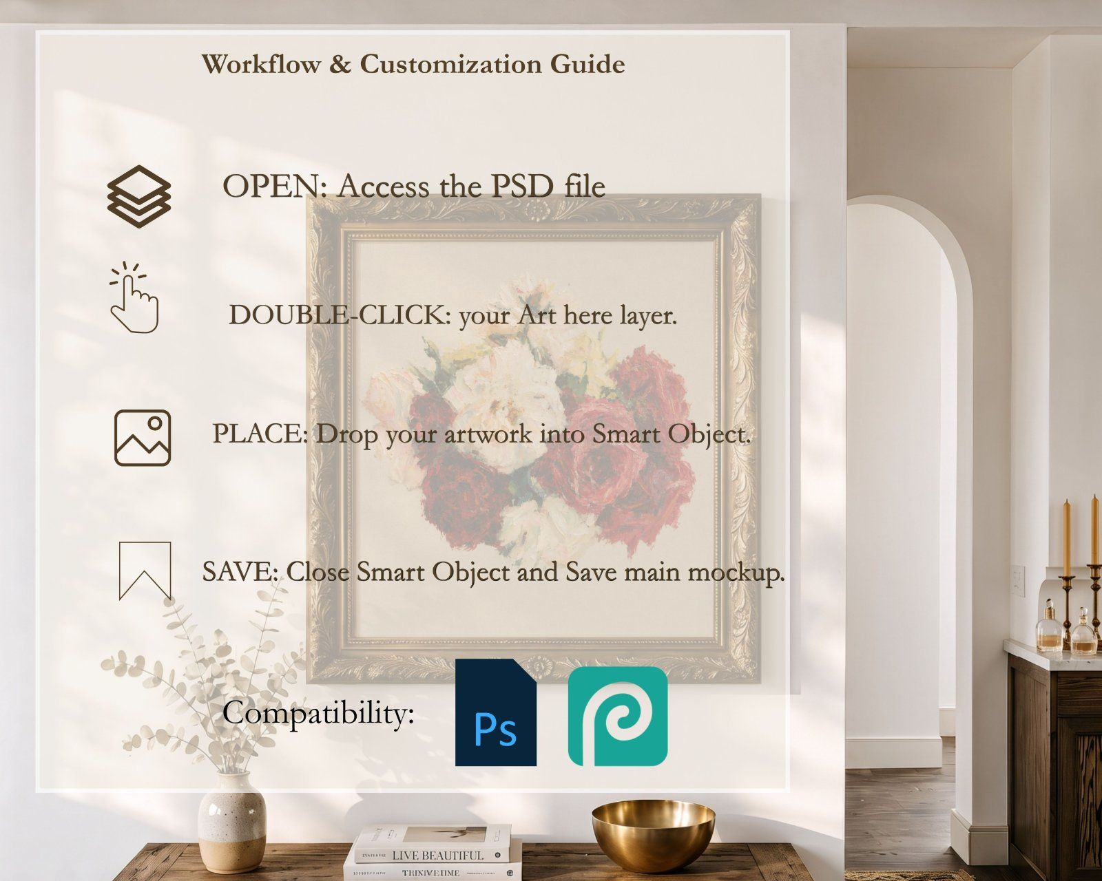 1:1 Square Frame Mockup, gold ornate frame on the wall in Farmhouse Interior, — image 5