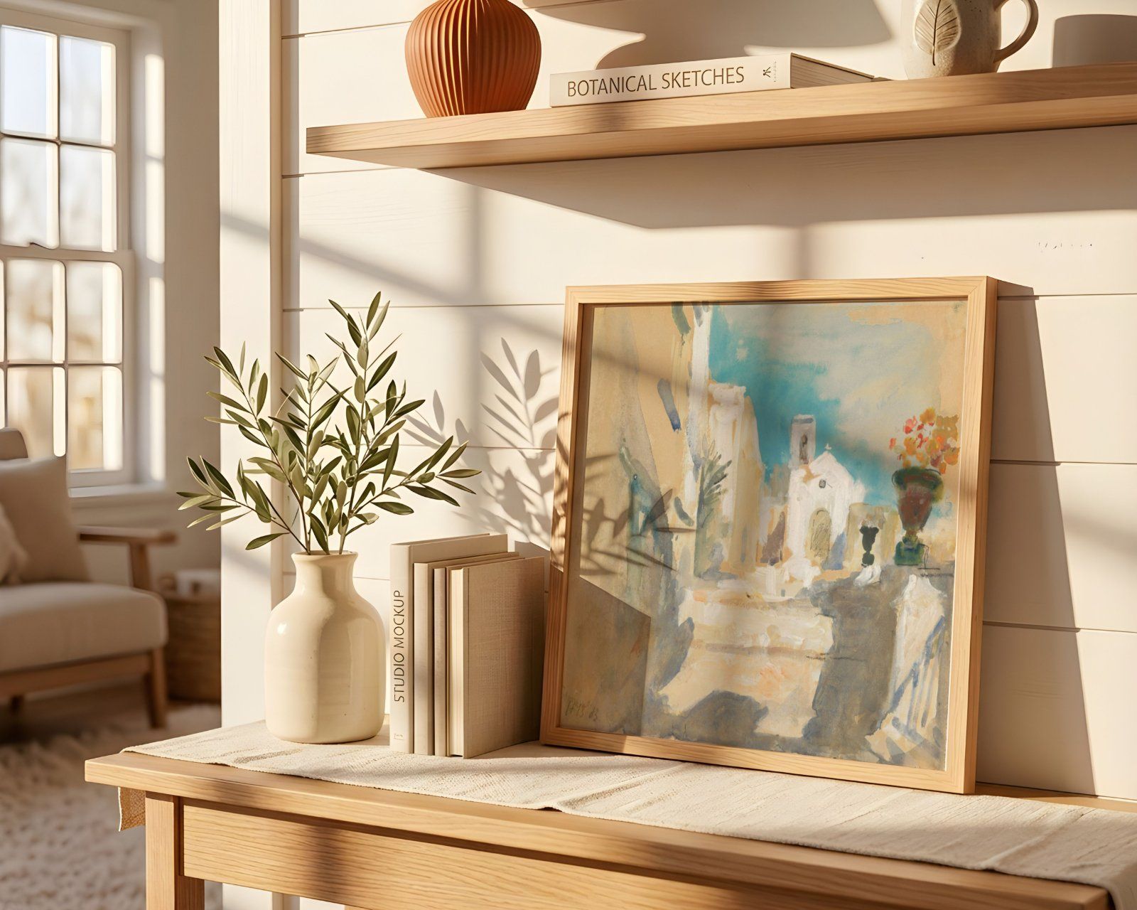 Square Frame Mockup, Thin Oak Frame in Farmhouse Interior, Leaning on the wall frame — image 7