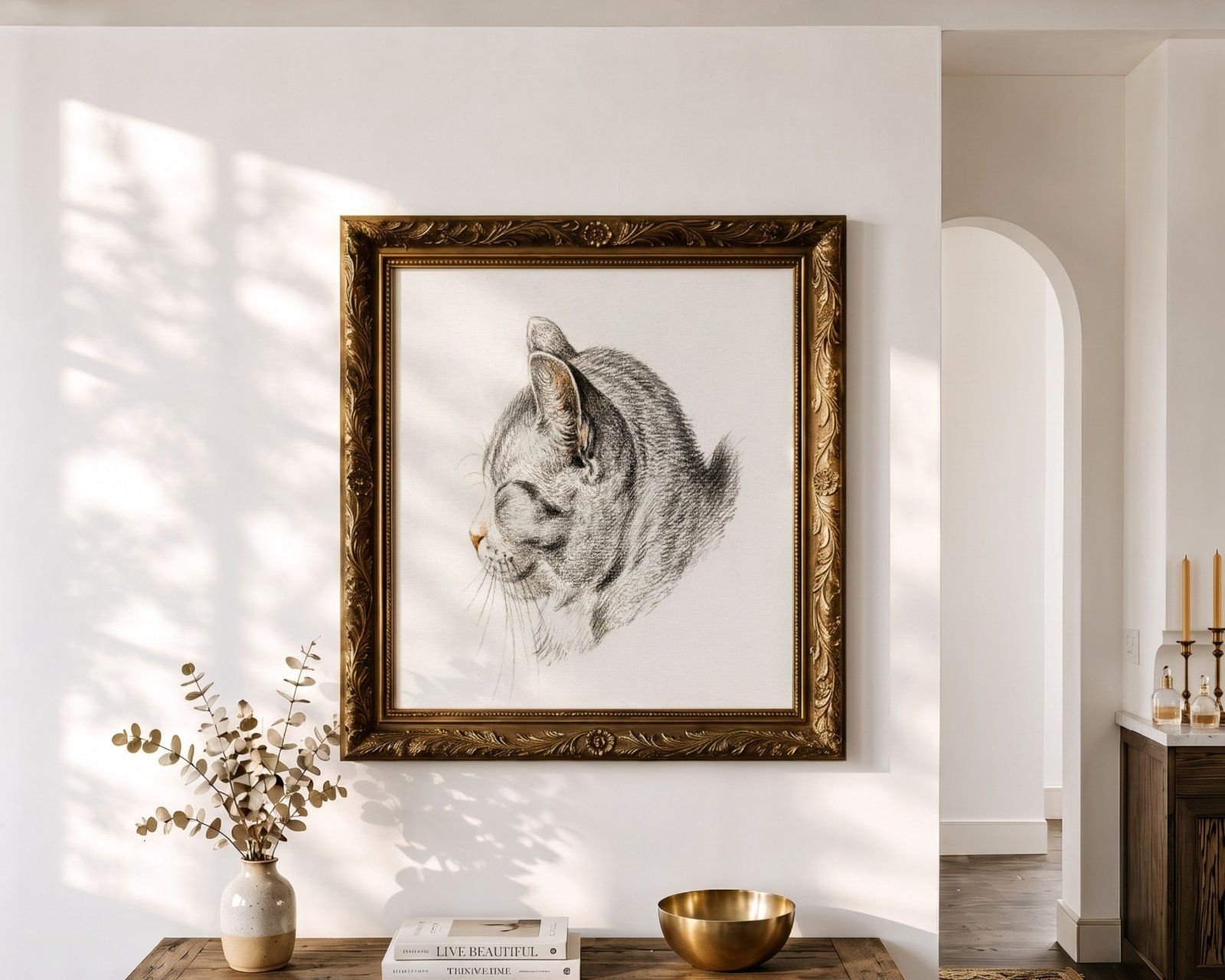 1:1 Square Frame Mockup, gold ornate frame on the wall in Farmhouse Interior, — image 7