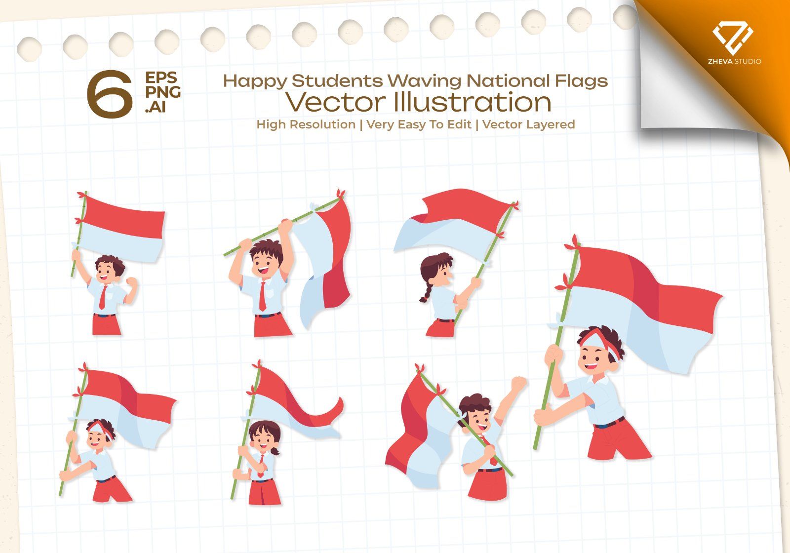 Premium Happy Students Waving National Flags Vector Illustration – 6 EPS & PNG Files — image 1