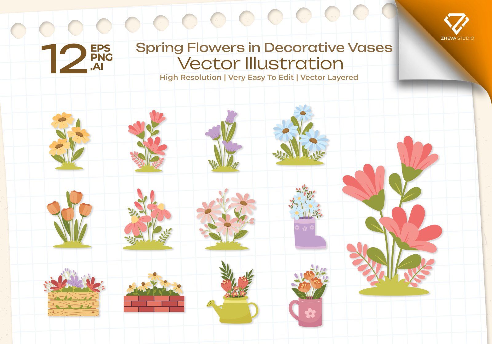 Premium Spring Flowers in Decorative Vases Vector Illustration – 12 EPS & PNG Files — image 1