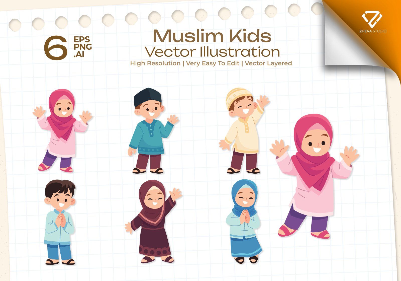 Premium Muslim Kids Vector Illustration – 6 EPS & PNG Files — image 1