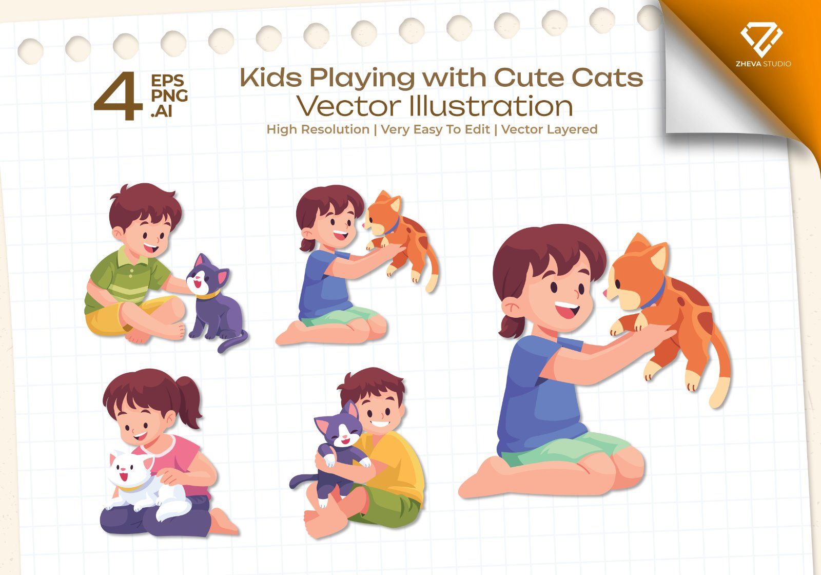Premium Kids Playing with Cute Cats Vector Illustration — image 1
