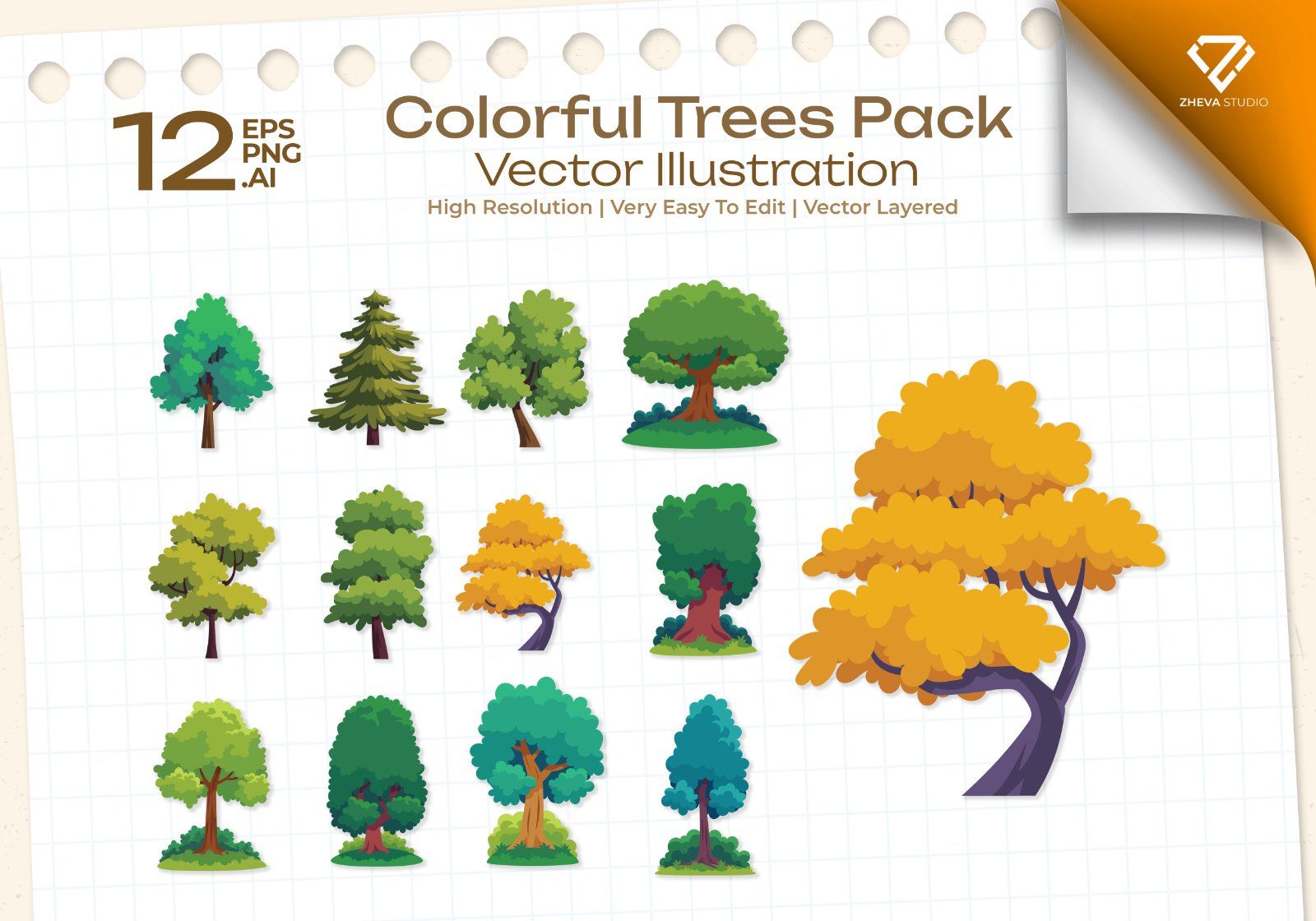 Premium Colorful Trees Pack Vector Illustration – 12 EPS & PNG Files — image 1